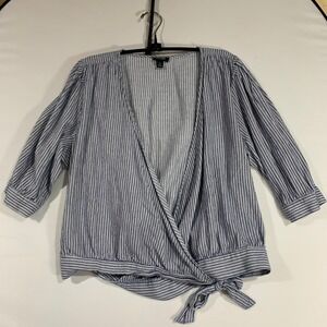 a.n.a. Women's XL Blue Striped 3/4 Sleeve Cotton Wrap Blouse Top‎